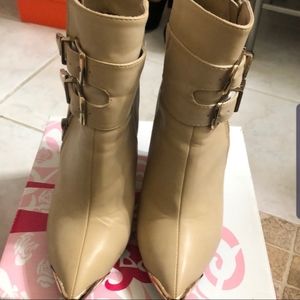 Wedge booties heels gold buckle ankle boots